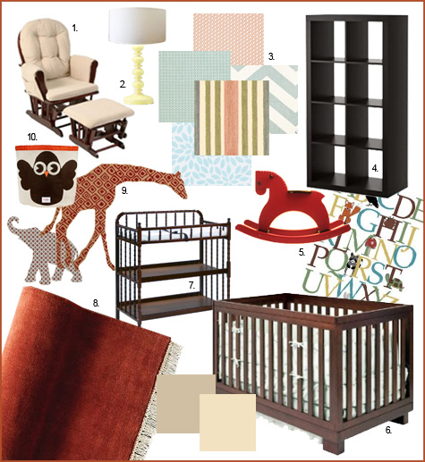Red, Blue, Baby Blue, Green, Pastel, Orange, Terracotta, Burnt Orange, Burgundy, Rust Nursery Inspiration, Expedit, Brown Crib, Jenny Lind Changing Table, fabric decals, wallpaper decals, animals, giraffe, elephant, glider, inspiration board, stripes, yellow lamp, tan, vintage ABC poster, rocking horse, red