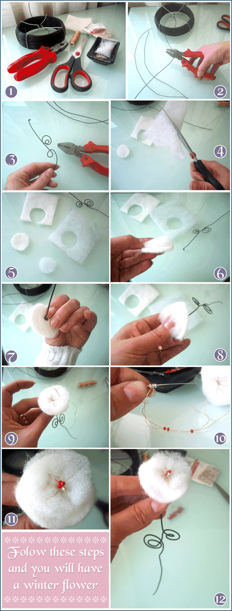 DIY Handmade Winter White Flowers Cotton, Batting Glass Beads 5