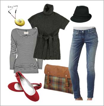 Style Board, Fashion Inspiration, Wardrobe Ideas, Red flats, skinny jeans, fedora, pendant, striped long sleeve shirt, short sleeve sweater, messenger bag