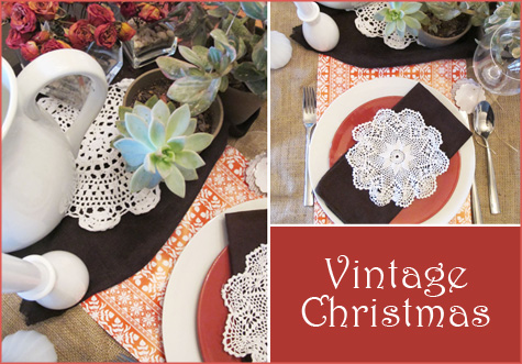 Vintage Christmas Placesetting, Table scape, tablescape, place setting, decor, inspiration, doily, red, green