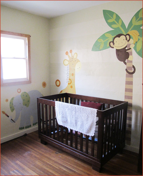 Modern Nursery wall animals, painted, decals, paint, contemporary design, decor, decoration, baby baby's room, kid's room, owl, elephant, tree, giraffe, monkey, palm tree, birds, zebra, mural