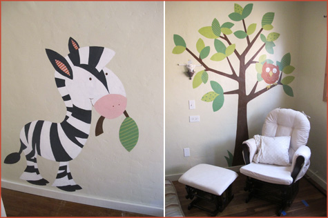 Modern Nursery wall animals, painted, decals, paint, contemporary design, decor, decoration, baby baby's room, kid's room, owl, elephant, tree, giraffe, monkey, palm tree, birds, zebra, mural