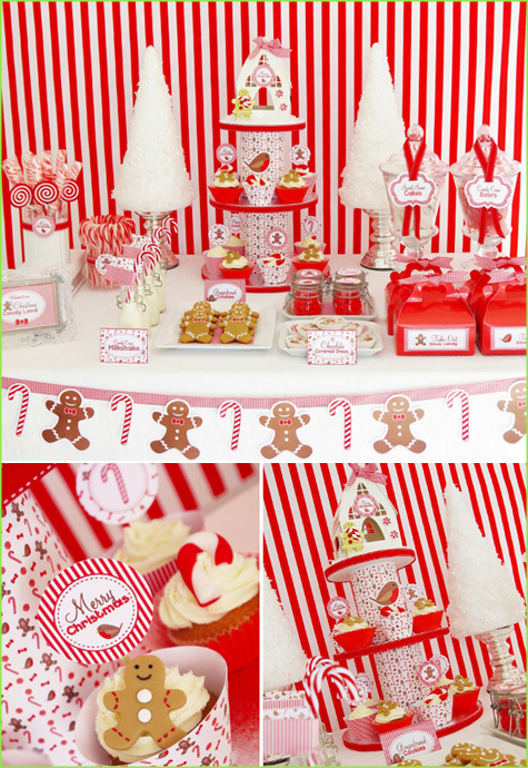 Holiday, Christmas, Tablescape, Dessert Bar Buffet, Red, White Stripe, Candy Dessert, Cake, Gingerbread Men