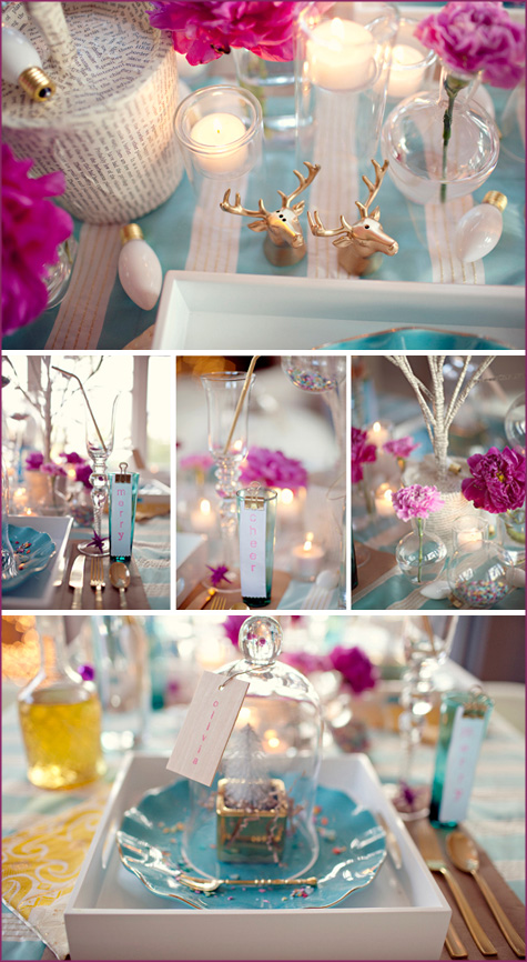 Modern Christmas, Teal, Fuschia, Fuchia, Fushia, White, Glitter, Confetti, Gold, Silver, Placesetting, INspiration, Decor, Decoration, Contemporary, Young