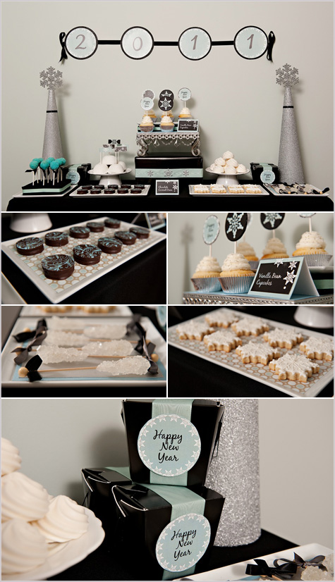 New Year's Eve Dessert Bar Entertaining, Inspiration, Decor, Decoration,Teal, Black White Turquoise Cookies Dessert Buffet