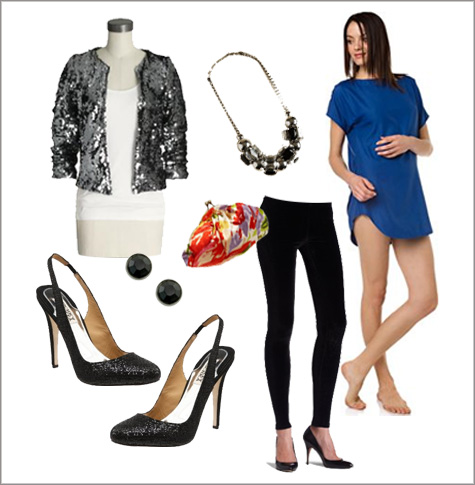 Holiday Party Inspiration Board, Style Board, Wardrobe, Fashion, Ideas, Glitter Pumps, Glitter Jacket, Sequin, royal blue, velvet leggings, clutch