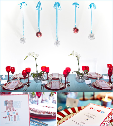 Red Aqua Teal Turqoise White Holiday Christmas Table Tablescape, Placesettings, Modern, Design Decor Decoration Inspiration