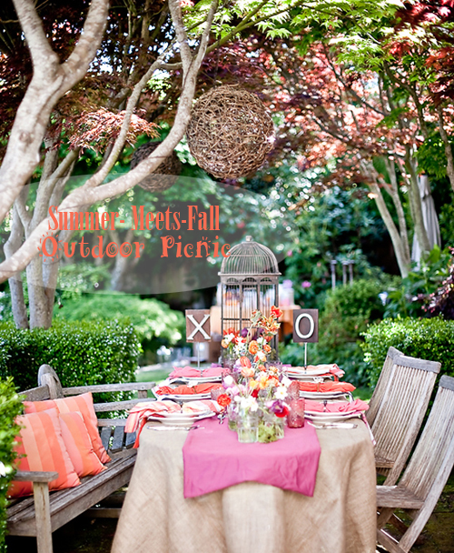 Love the burlap table cloth and LOVE the wooden'nests' hanging in the 