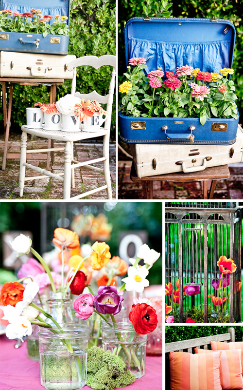 Love the burlap table cloth and LOVE the wooden'nests' hanging in the trees