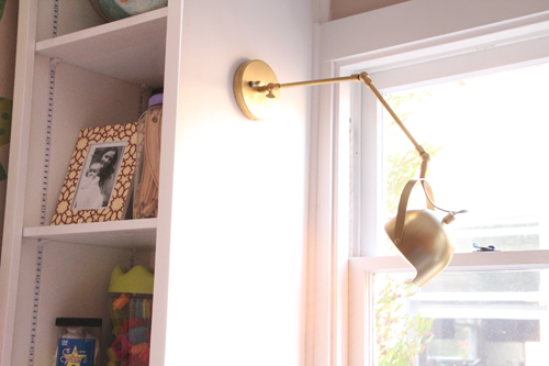 New Nursery Bookshelf Lighting | Swing Arm Wall Sconce | PepperDesignBlog.com
