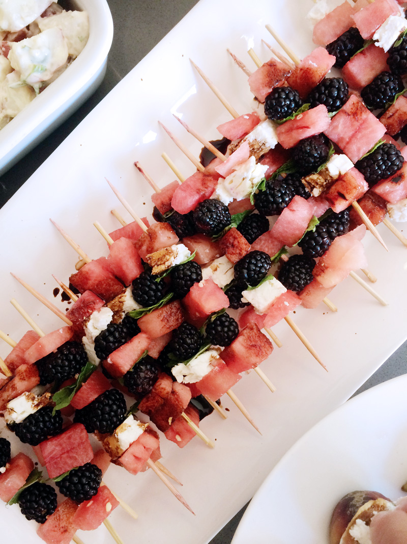 Watermelon, Blackberry, Mint & Feta Salad Skewer (served with a balsamic reduction!) | PepperDesignBlog.com