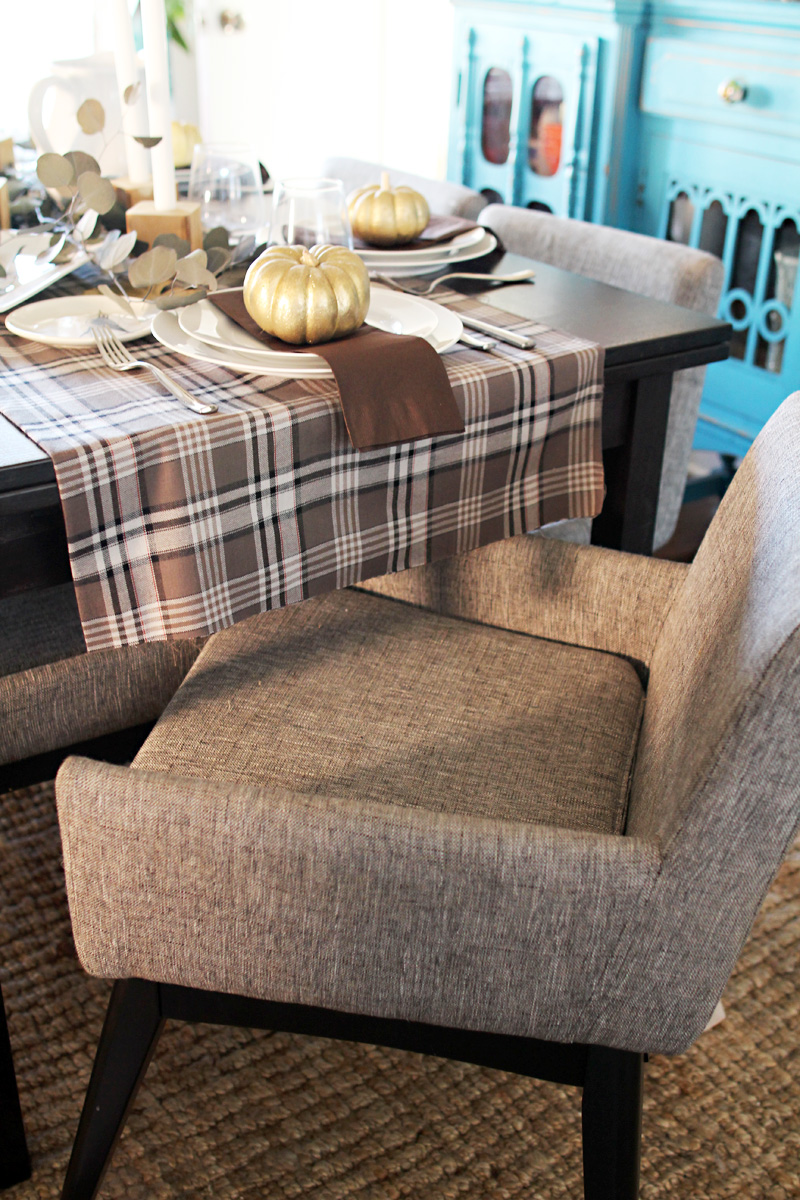 Plaid Thanksgiving Table | Wooden Bedpost Candlesticks, Glitter Gold Pumpkins, Brown, Black, Tan Plaid Tablescape | PepperDesignBlog.com