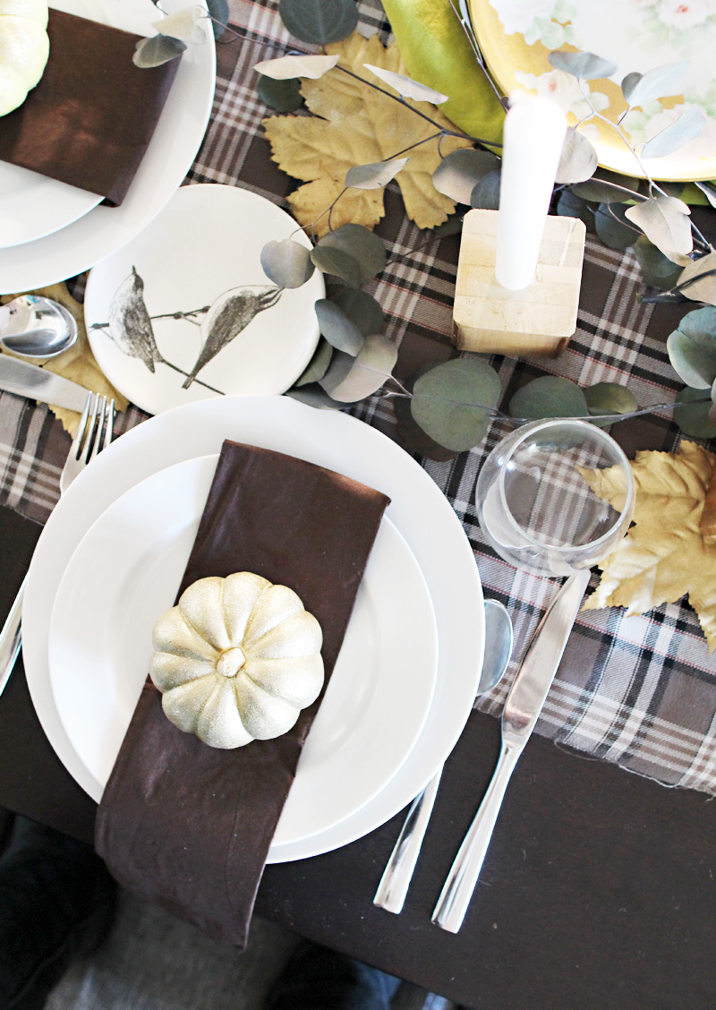 Plaid Thanksgiving Table | Wooden Bedpost Candlesticks, Glitter Gold Pumpkins, Brown, Black, Tan Plaid Tablescape | PepperDesignBlog.com