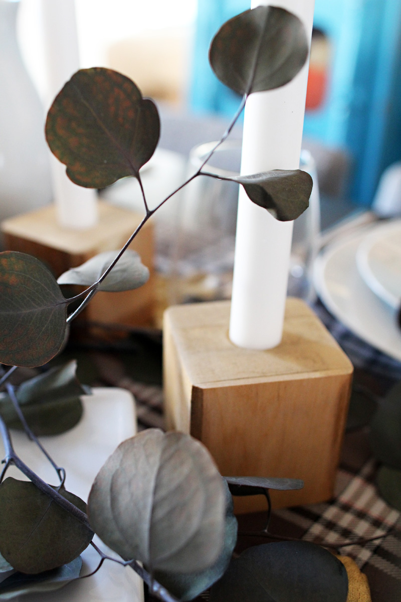 Plaid Thanksgiving Table | Wooden Bedpost Candlesticks, Glitter Gold Pumpkins, Brown, Black, Tan Plaid Tablescape | PepperDesignBlog.com