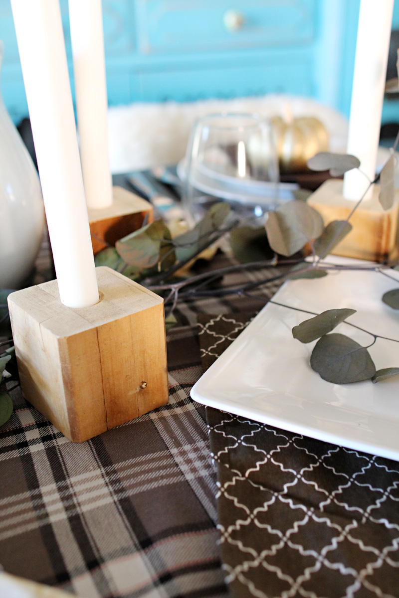 Plaid Thanksgiving Table | Wooden Bedpost Candlesticks, Glitter Gold Pumpkins, Brown, Black, Tan Plaid Tablescape | PepperDesignBlog.com