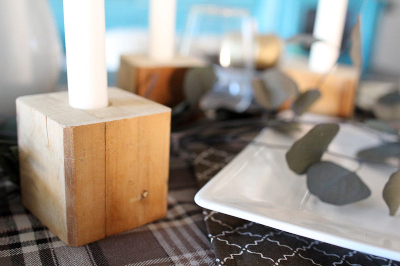 Plaid Thanksgiving Table | Wooden Bedpost Candlesticks, Glitter Gold Pumpkins, Brown, Black, Tan Plaid Tablescape | PepperDesignBlog.com