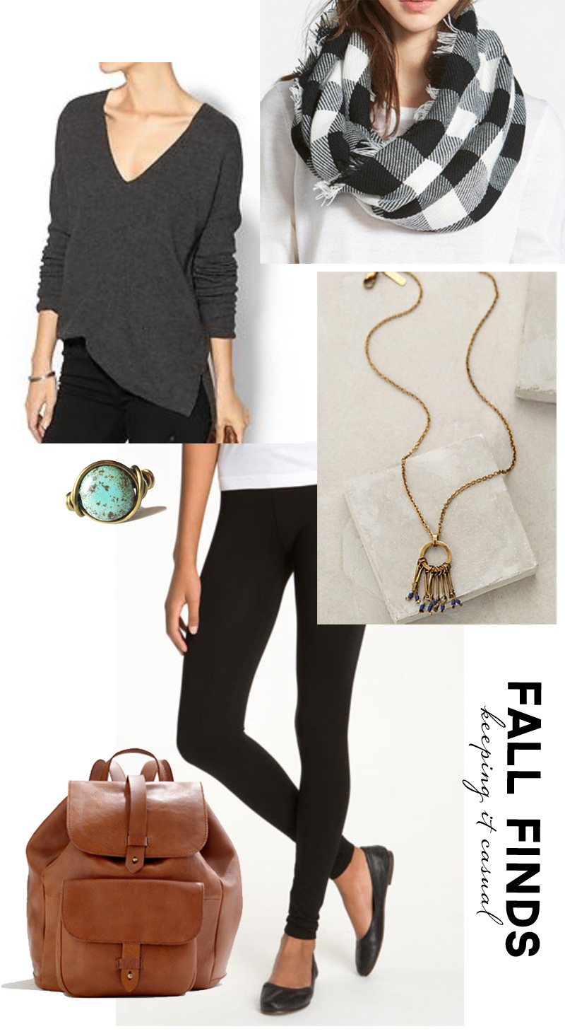 Wardrobe Style Board: Fall Finds | Dolman Sweater, Black Cotton Leggings, Black & White Plaid Scarf, Ballet Flats, Cognac Leather Backpack, Gold Statement Necklace, Turquoise Ring | PepperDesignBlog.com