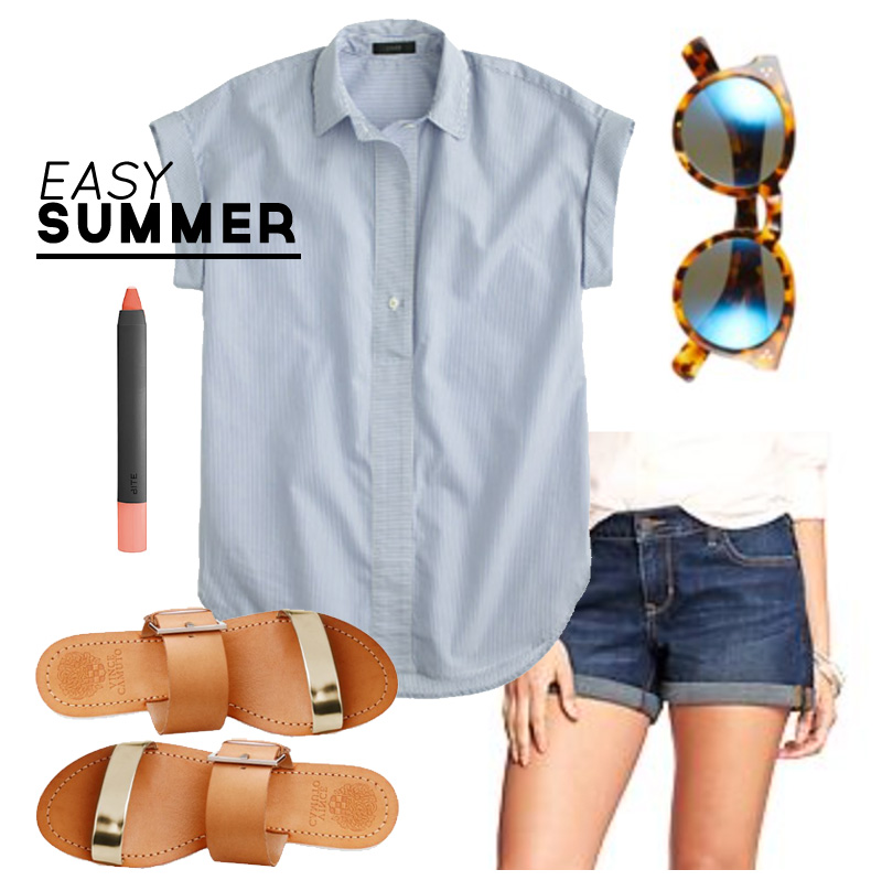 Wardrobe Style Board: Easy Summer | Striped Popover Shirt, Denim Rolled Shorts, Brown & Gold Vince Camuto Sandals, Coral Lipstick | PepperDesignBlog.com