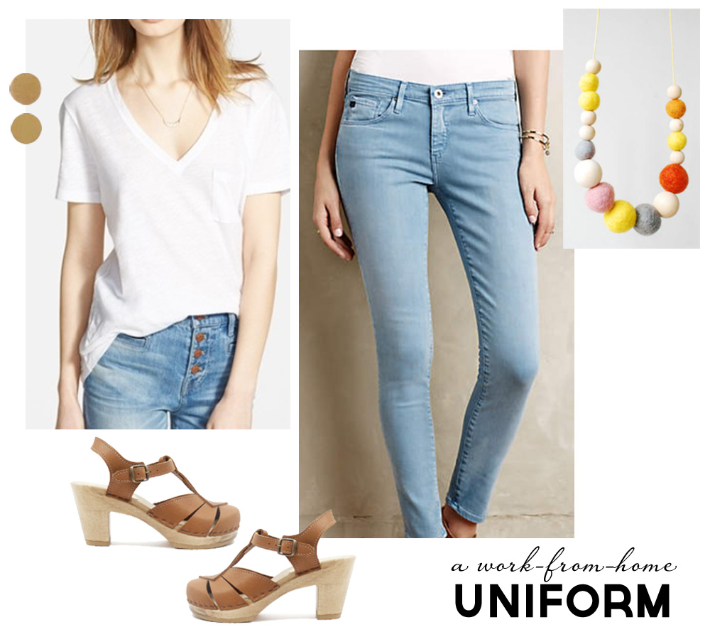 Wardrobe Style Board: A Stay-At-Home Mom Uniform | Cropped Light Jeans, Tan Sven Clogs, White Madewell V-Neck T-Shirt, Colorful Necklace, Gold Earrings | PepperDesignBlog.com