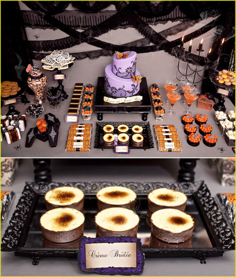 Halloween Table Settings Setting Ideas, Halloween tablescapes, Victorian, Vintage, decoration, dinner party, purple, orange, black, lime green, glitter, glam
